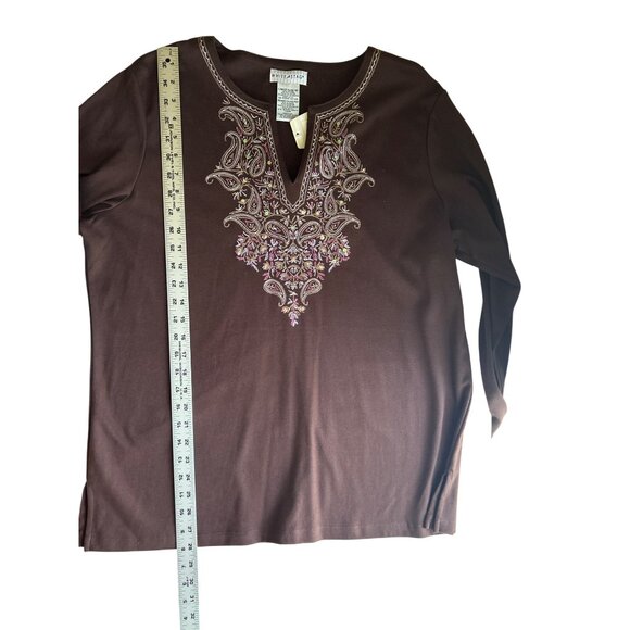 White Stag Ladies XL Brown Embroidered V Neck Long Sleeve Tunic Top - Picture 6 of 6